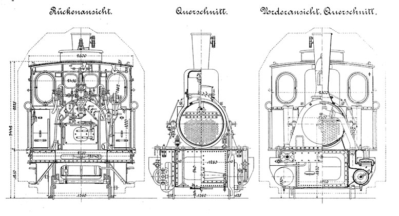 Vorderansicht, Rückansicht und Querschnitte der Lok 1705